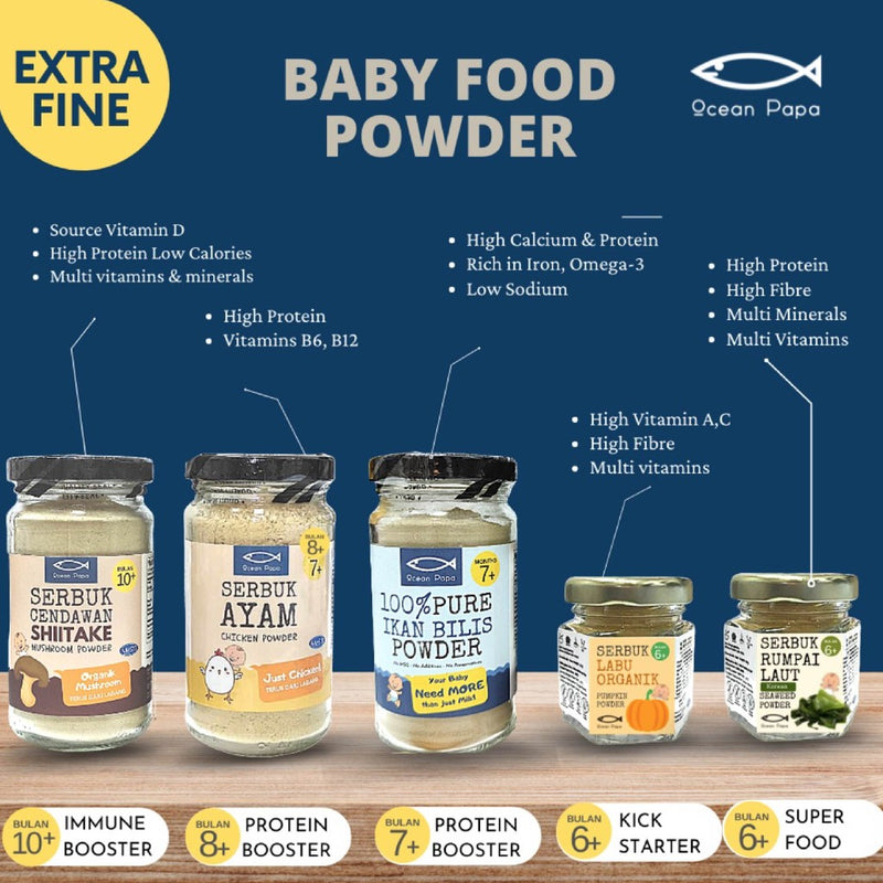 Ocean Papa Serbuk Perasa Makanan Bayi (Ikan Bilis/Labu/Ayam/Cendawan) Baby Seasoning Food Powder Anchovy Pumpkin Chicken