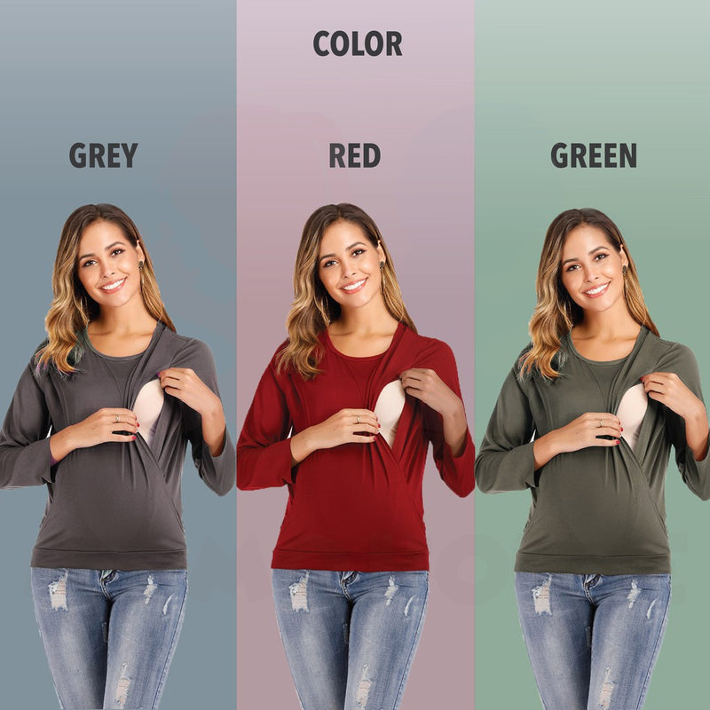 Maternity Blouse Breastfeeding Long Sleeve Side Opening Feeding Nursing Blouse Pregnant (MBLS)