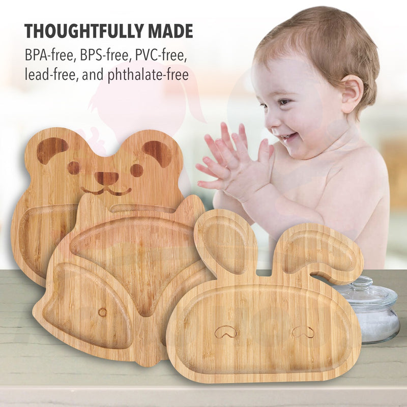 Bamboo Wooden Plate Baby Self Eating With Anti-Slip Suction Cup and Spoon Pinggan Kanak