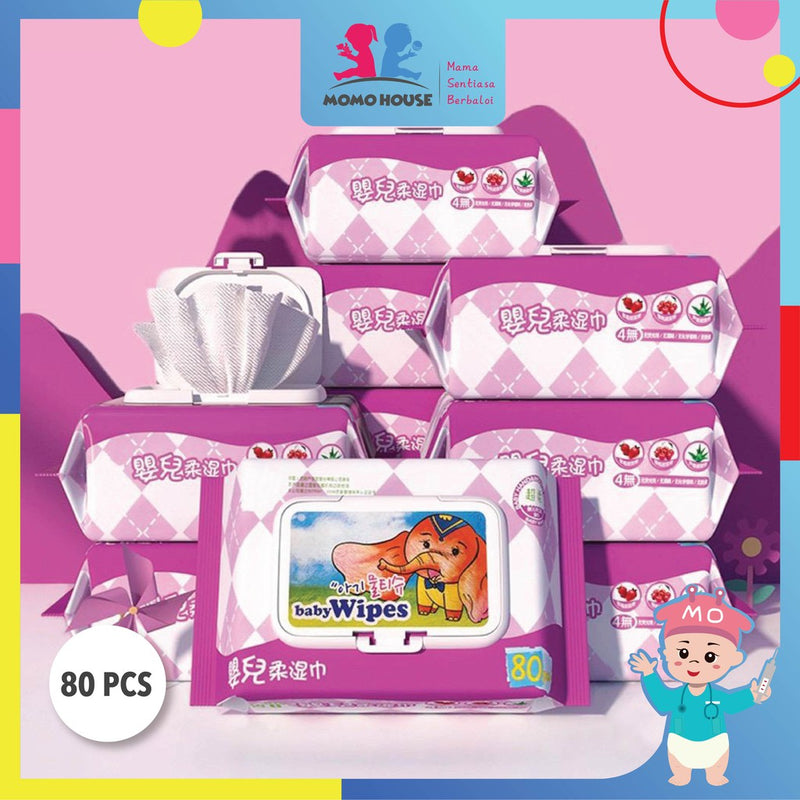 (80 Pcs) Baby Wet Wipes Wet Tissue Tisu Basah - (Non-Alcohol, Parabens Free, Fragrance Free)