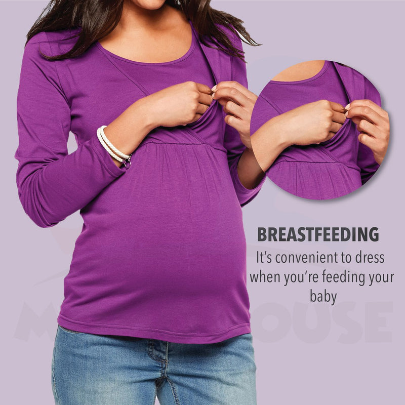 Maternity Blouse Breastfeeding Long Sleeve Front Opening Feeding Nursing Blouse Pregnant (MBLF)