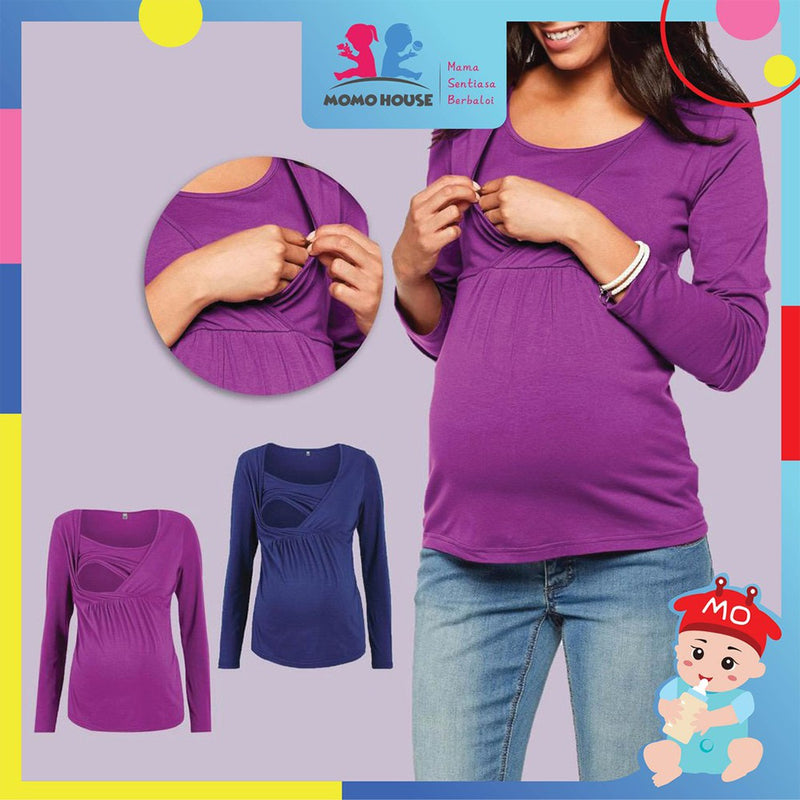 Maternity Blouse Breastfeeding Long Sleeve Front Opening Feeding Nursing Blouse Pregnant (MBLF)