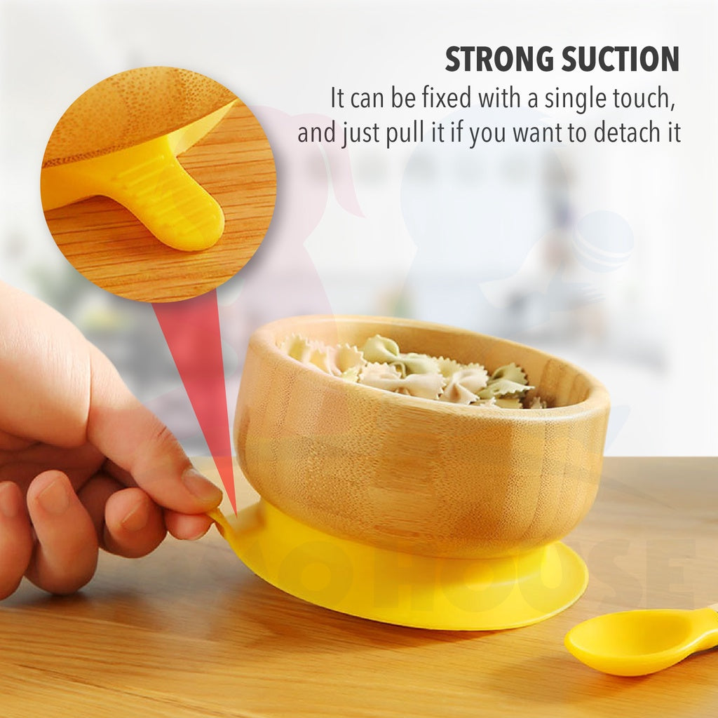 Bamboo Wooden Plate Baby Self Eating With Anti-Slip Suction Cup and Spoon Pinggan Kanak