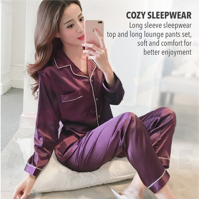 Long Sleeve Satin Silk Sleepwear Pyjamas Lengan Panjang Baju Tidur Unisex Pyjamas Nightwear Kain Licin (WP003)