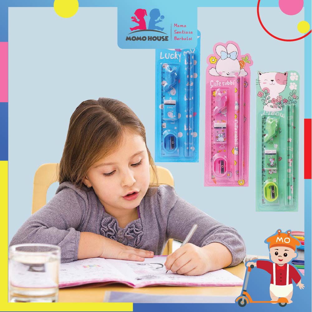 6 in 1 Kids Stationery Set Children's pencils 6pcs Stationery Set Gift Present Birthday Party Pensil Kanak Kanak