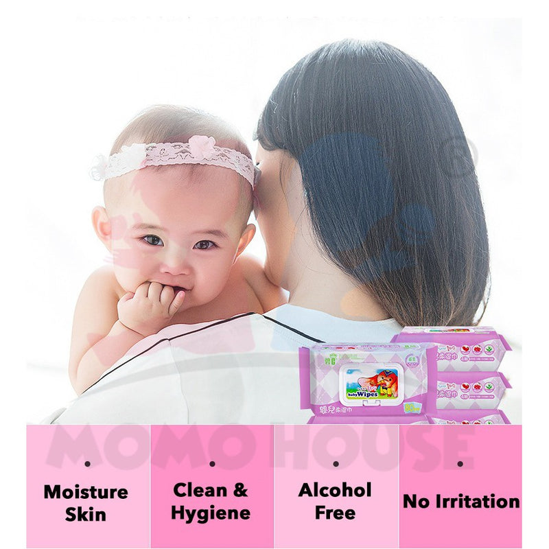 (80 Pcs) Baby Wet Wipes Wet Tissue Tisu Basah - (Non-Alcohol, Parabens Free, Fragrance Free)