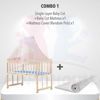 Multi Functional Single Layer Wooden Baby Cot with Mosquito Stand & Net Katil Bayi Dgn Kelambu