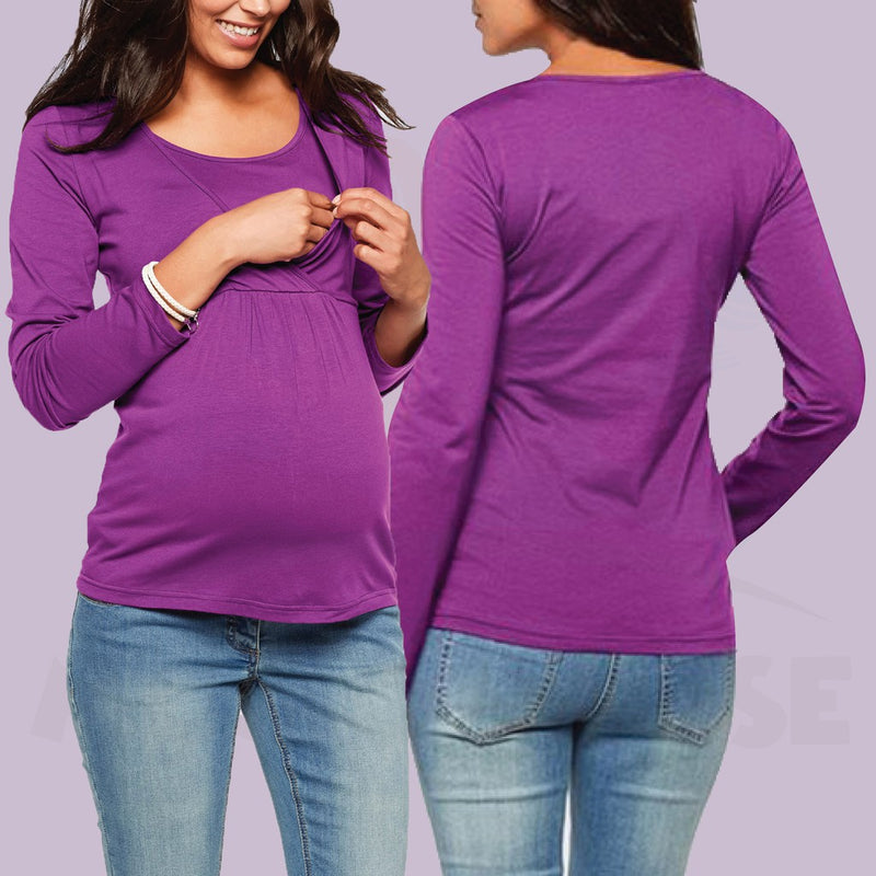 Maternity Blouse Breastfeeding Long Sleeve Front Opening Feeding Nursing Blouse Pregnant (MBLF)