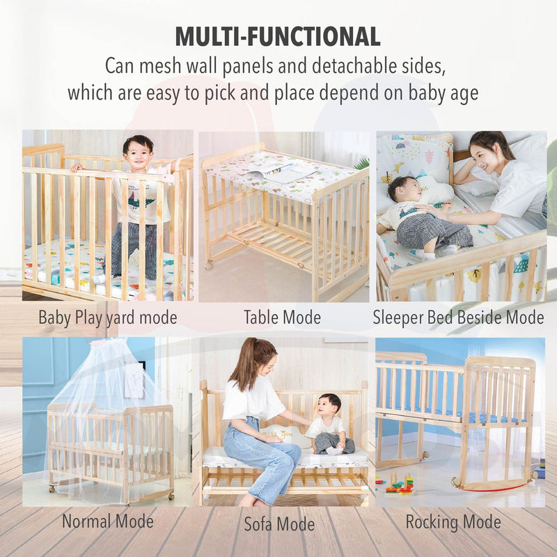 Multi Functional Double Layer Wooden Baby Cot with Mosquito Stand & Net Katil Bayi Dgn Kelambu