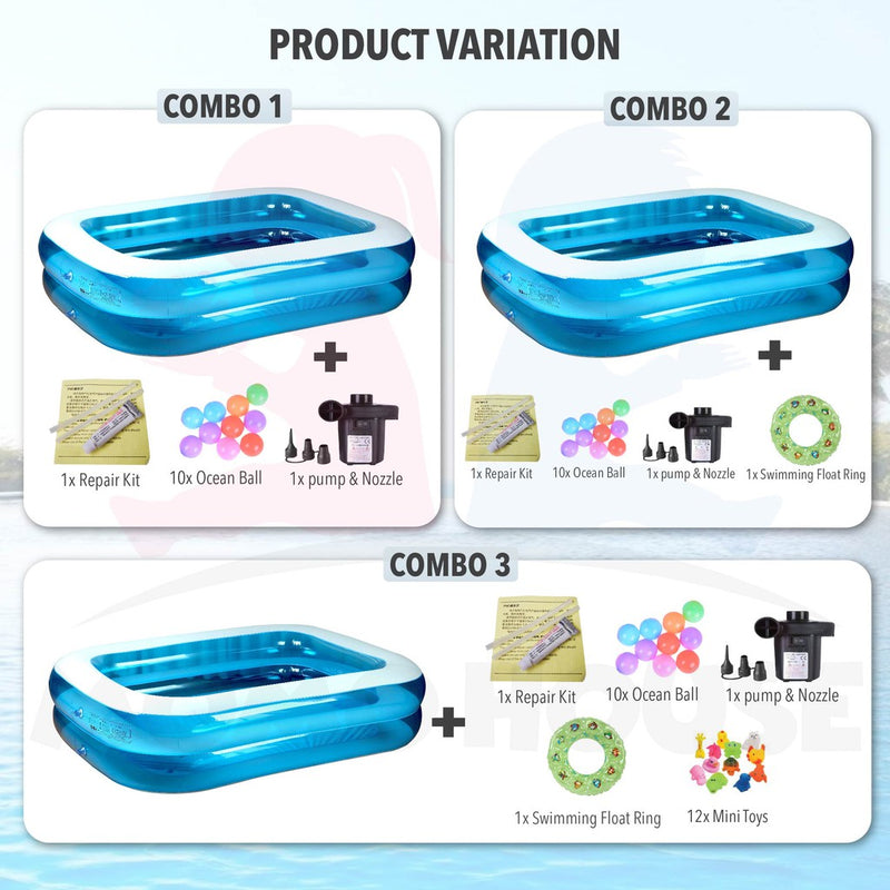 (L)200x(W)150x(H)50cm Inflatable 2 Ring Swimming Pool Kolam Renang Electric Air Pump Kolam Mandi Besar