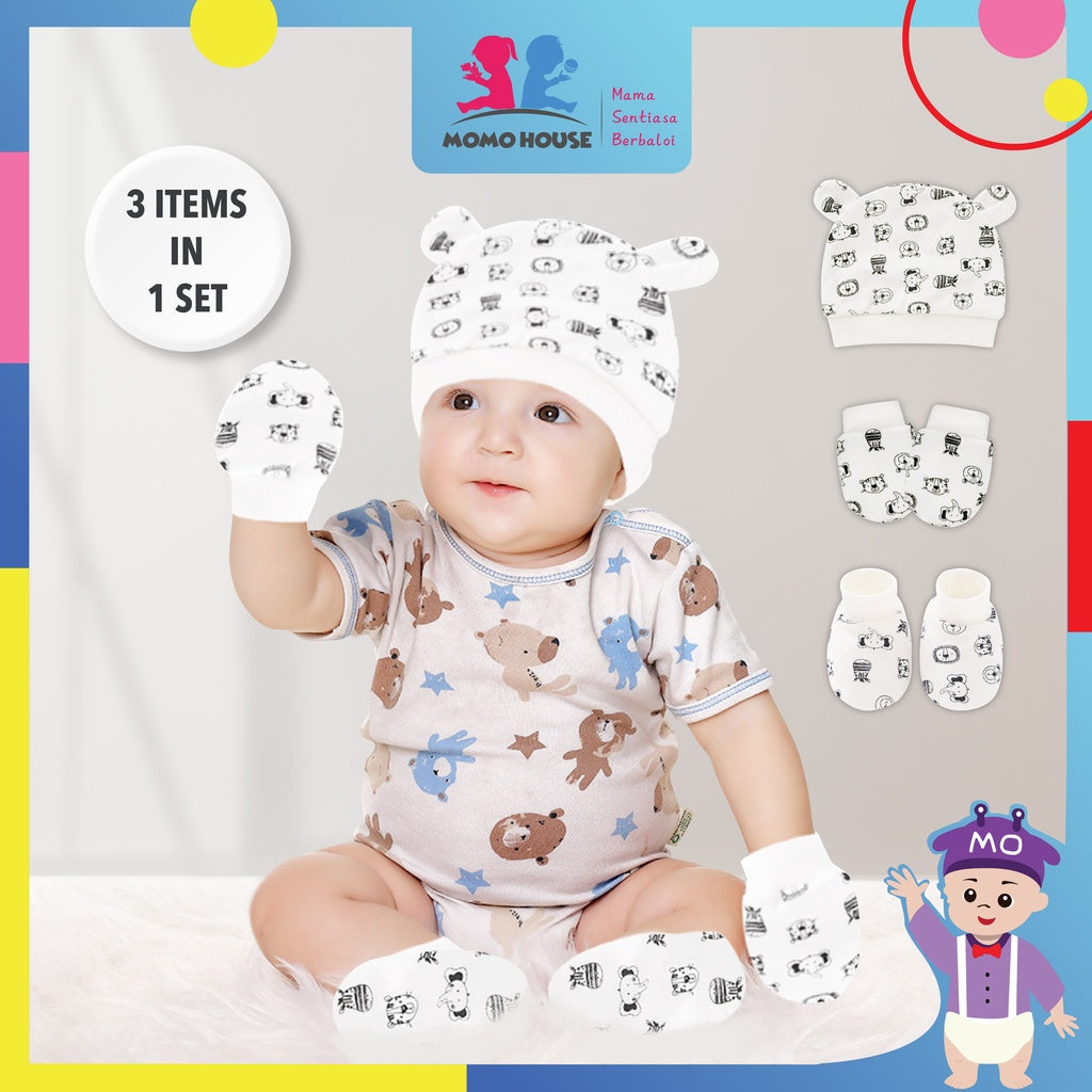 Newborn Baby Set Mittens Booties Hat Anti Scratching Hand Protection Cotton Sarung Tangan Sarung Kaki Topi (821019)