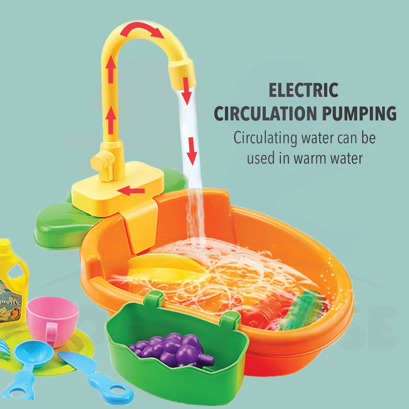 Children Vegetables Kitchen Dish Washing Sink Pretend Play Set Electric Circulation Toy (Random Colour)