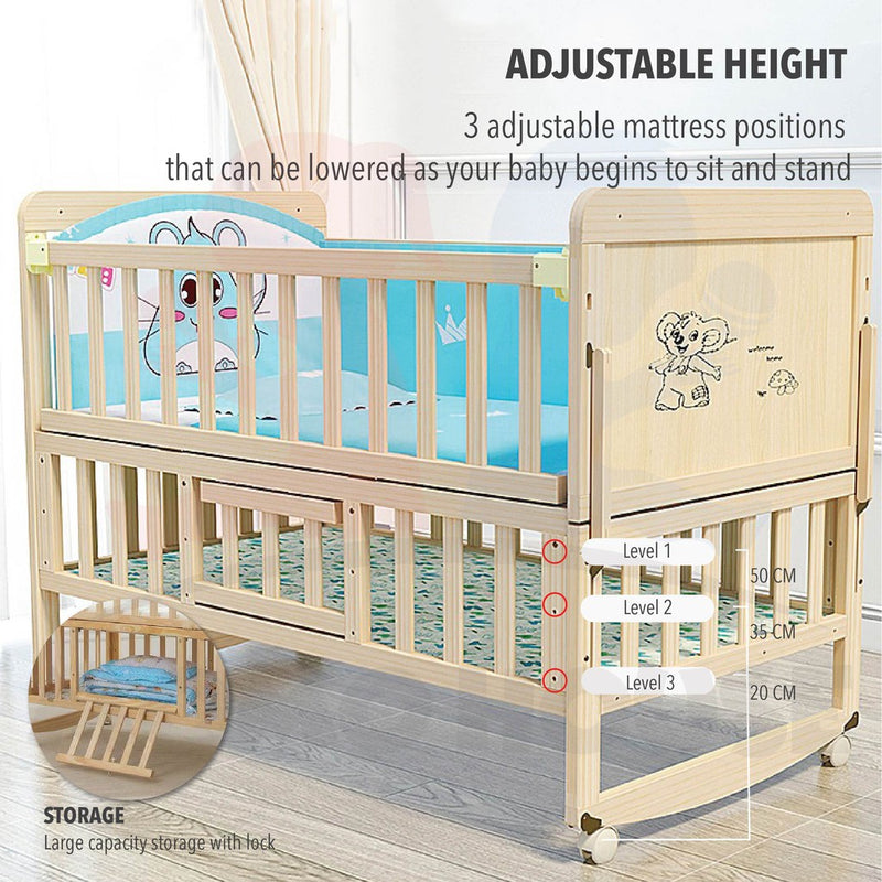 Multi Functional Double Layer Wooden Baby Cot with Mosquito Stand & Net Katil Bayi Dgn Kelambu