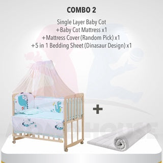 Multi Functional Single Layer Wooden Baby Cot with Mosquito Stand & Net Katil Bayi Dgn Kelambu