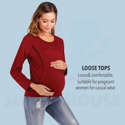 Maternity Blouse Breastfeeding Long Sleeve Side Opening Feeding Nursing Blouse Pregnant (MBLS)