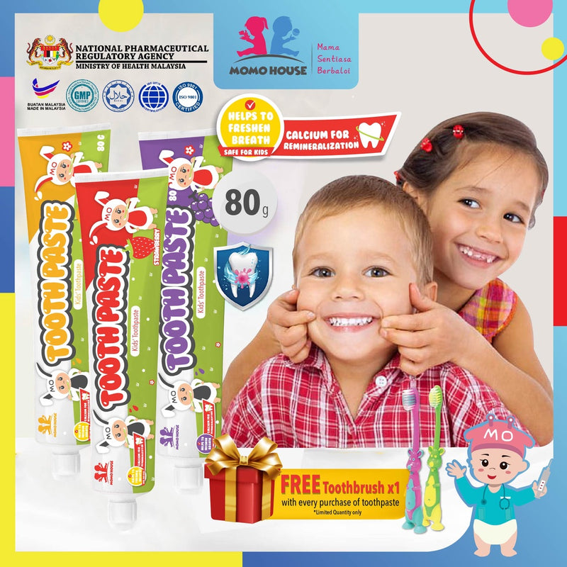 80g Momo House Baby Kids Toothpaste Non Fluoride Ubat Gigi Kanak-Kanak (Orange ,Grape ,Strawberry 80g)