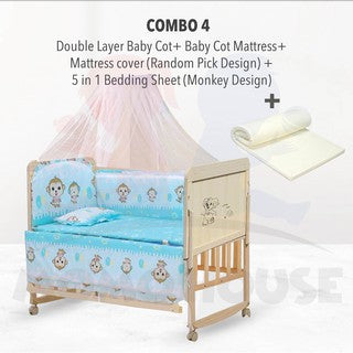 Multi Functional Double Layer Wooden Baby Cot with Mosquito Stand Net Katil Bayi Dgn Kelambu