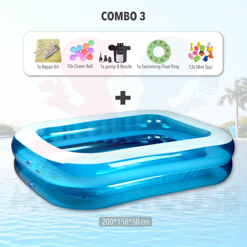 (L)200x(W)150x(H)50cm Inflatable 2 Ring Swimming Pool Kolam Renang Electric Air Pump Kolam Mandi Besar