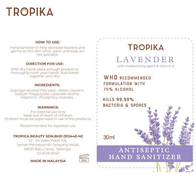 Tropika Hand Sanitizer 30ml Lavender