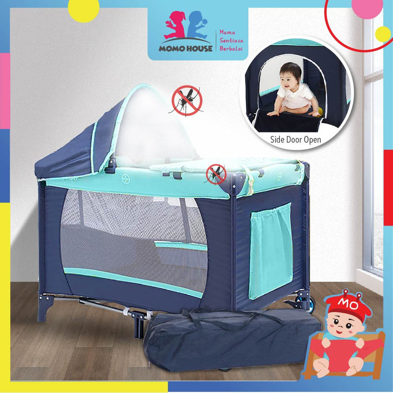 2 Level Portable Baby Playpen Travel Cot Bed With Mosquito Net and Slde Slide Door