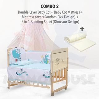 Multi Functional Double Layer Wooden Baby Cot with Mosquito Stand & Net Katil Bayi Dgn Kelambu