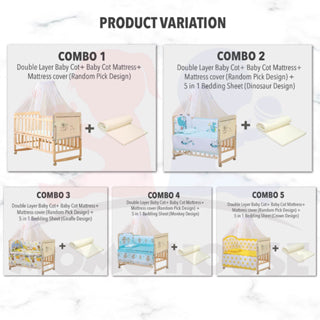 Multi Functional Double Layer Wooden Baby Cot with Mosquito Stand & Net Katil Bayi Dgn Kelambu