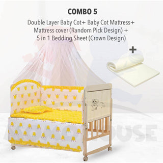 Multi Functional Double Layer Wooden Baby Cot with Mosquito Stand & Net Katil Bayi Dgn Kelambu