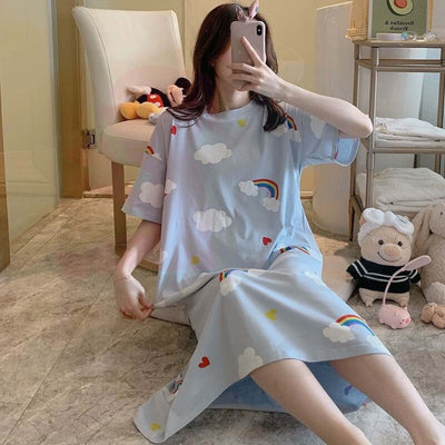 Women Dress Pyjamas 100% Cotton Short Sleeve Nightdress Sleepwear Baju Tidur Wanita Pajamas Women (WP002)