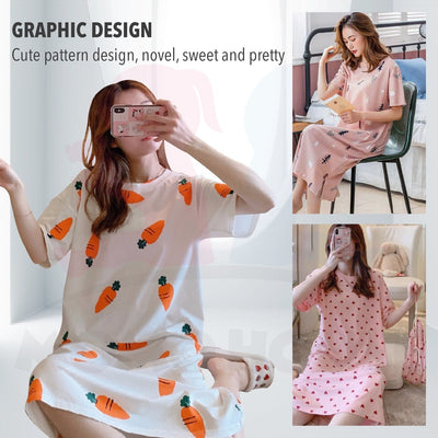 Women Dress Pyjamas 100% Cotton Short Sleeve Nightdress Sleepwear Baju Tidur Wanita Pajamas Women (WP002)