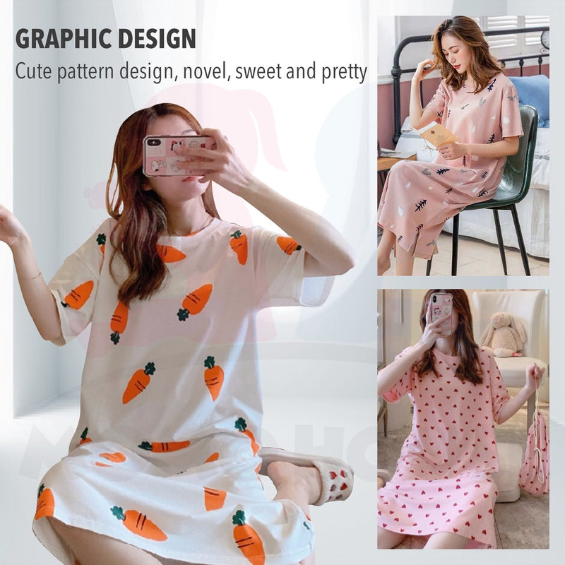 Women Dress Pyjamas 100% Cotton Short Sleeve Nightdress Sleepwear Baju Tidur Wanita Pajamas Women (WP002)