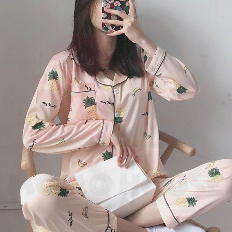 Cute Loose Women Pyjamas 100% Cotton Long Sleeve Nightwear Baju Tidur ( WP001 )